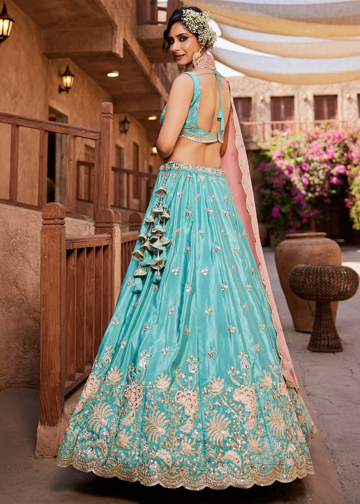 Turquoise Blue Satin Lehenga Choli with Floral Sequin Detailing - House of Sarvati LLC