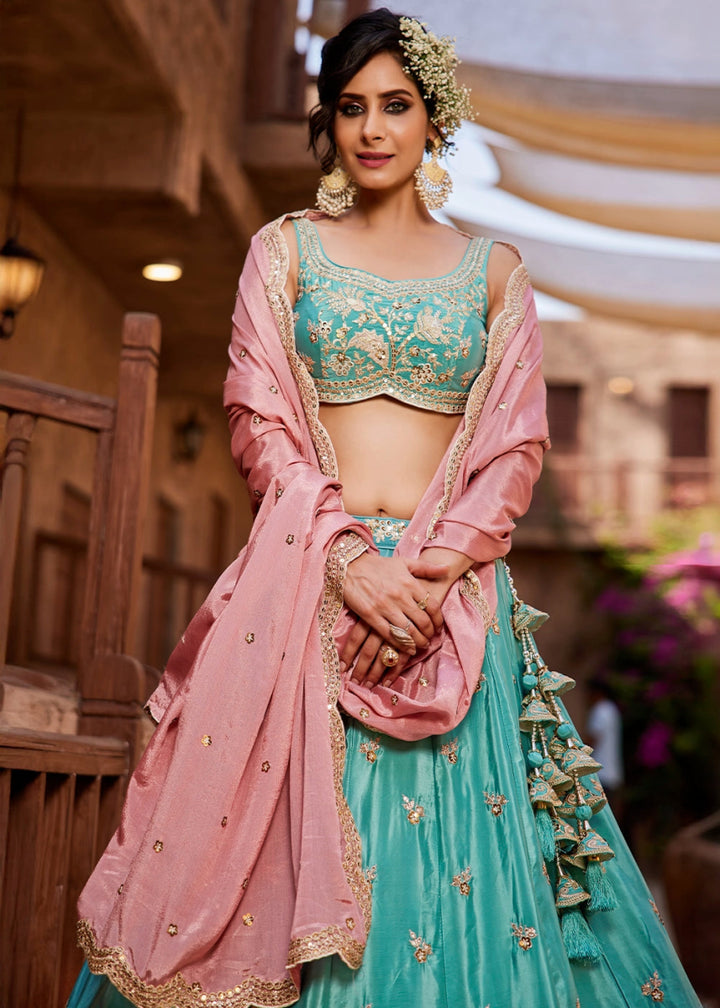 Turquoise Blue Satin Lehenga Choli with Floral Sequin Detailing - House of Sarvati LLC