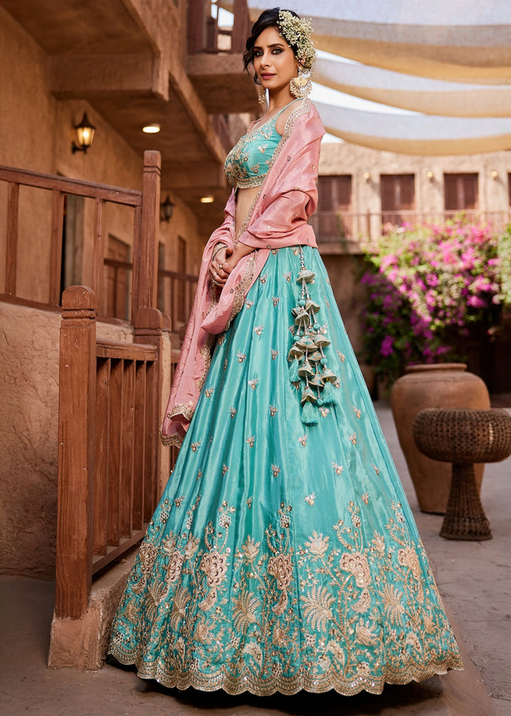 Turquoise Blue Satin Lehenga Choli with Floral Sequin Detailing - House of Sarvati LLC