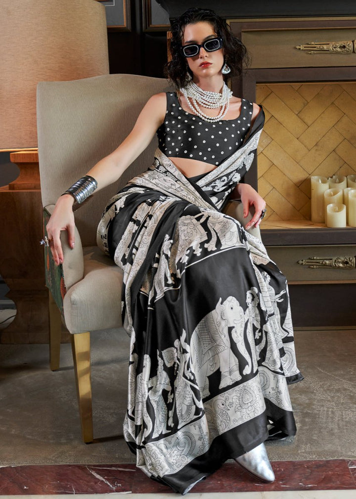White & Black Satin Crepe Saree with Traditional Patola Print - House of Sarvati LLC