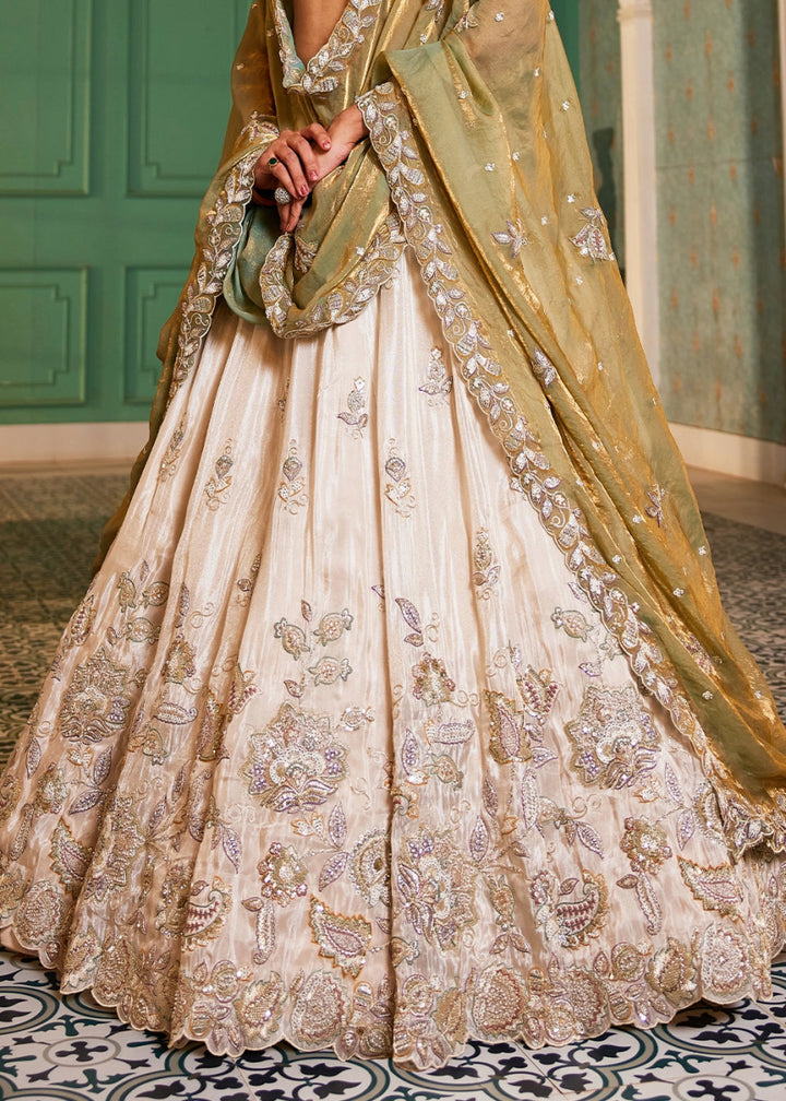 White & Green Tissue Lehenga Choli with Floral Sequin Detailing - House of Sarvati LLC