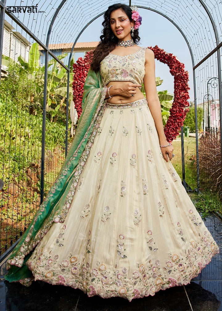 White & Green Tissue Lehenga Choli with Floral Sequin Detailing - House of Sarvati LLC
