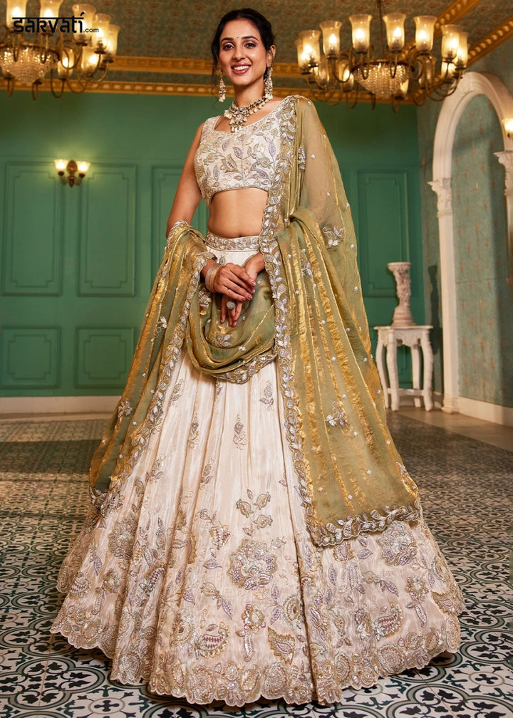 White & Green Tissue Lehenga Choli with Floral Sequin Detailing - House of Sarvati LLC