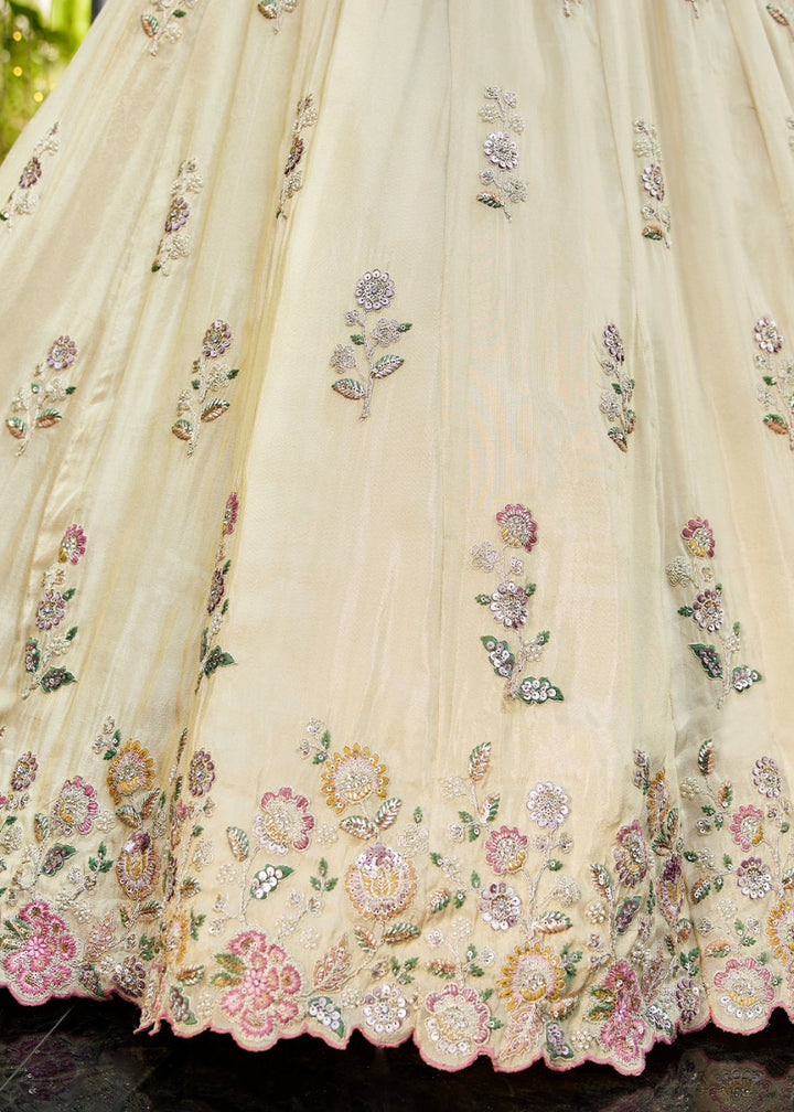 White & Green Tissue Lehenga Choli with Floral Sequin Detailing - House of Sarvati LLC