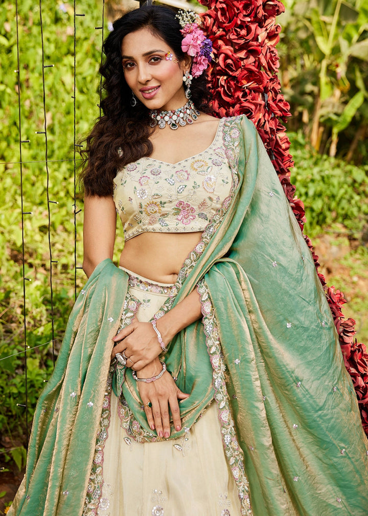 White & Green Tissue Lehenga Choli with Floral Sequin Detailing - House of Sarvati LLC