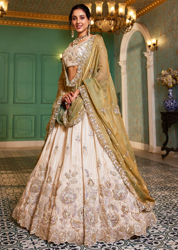 White & Green Tissue Lehenga Choli with Floral Sequin Detailing - House of Sarvati LLC