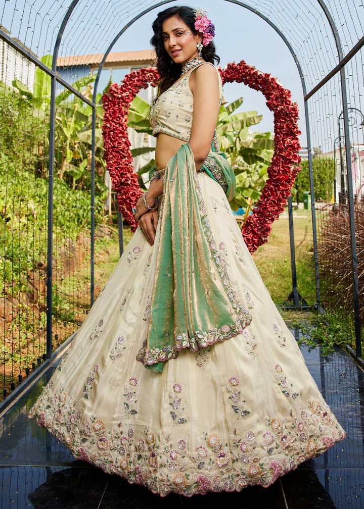 White & Green Tissue Lehenga Choli with Floral Sequin Detailing - House of Sarvati LLC