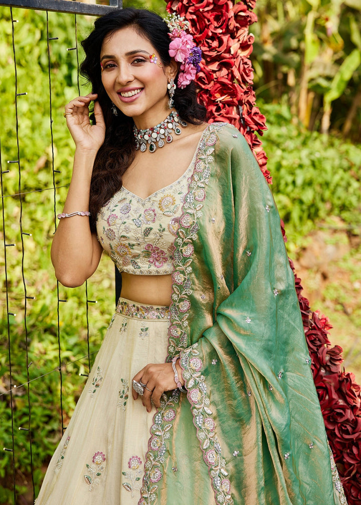 White & Green Tissue Lehenga Choli with Floral Sequin Detailing - House of Sarvati LLC