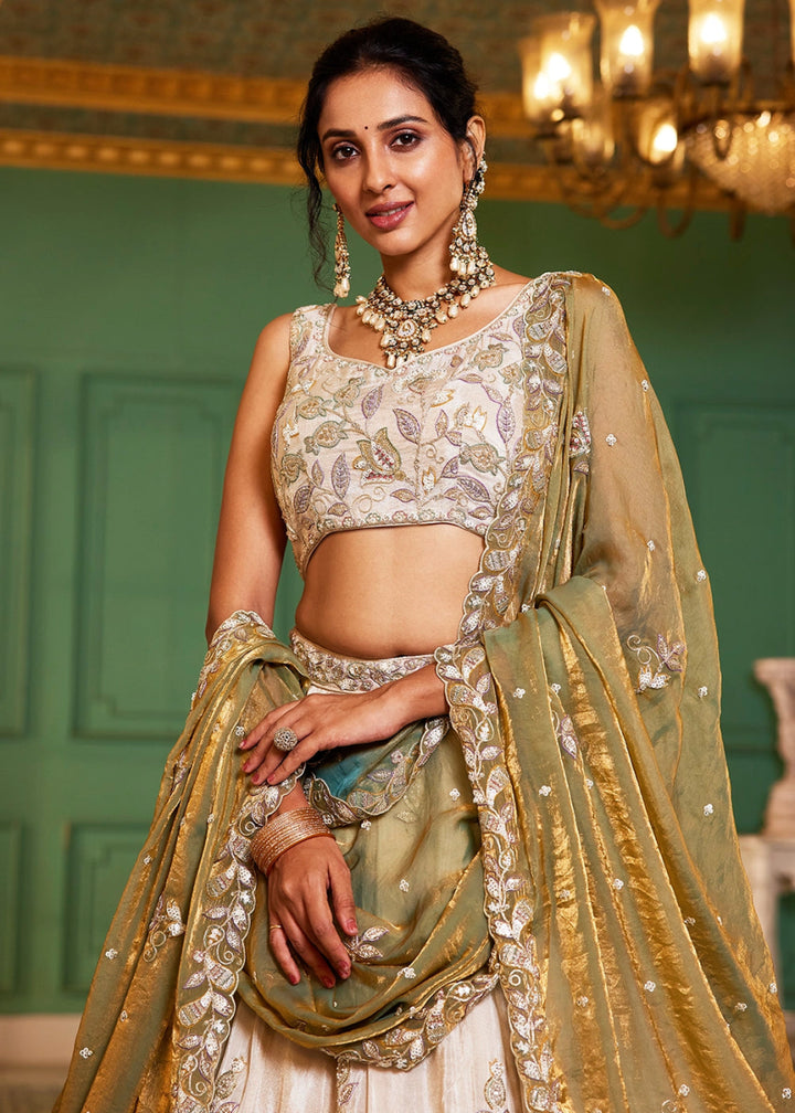 White & Green Tissue Lehenga Choli with Floral Sequin Detailing - House of Sarvati LLC
