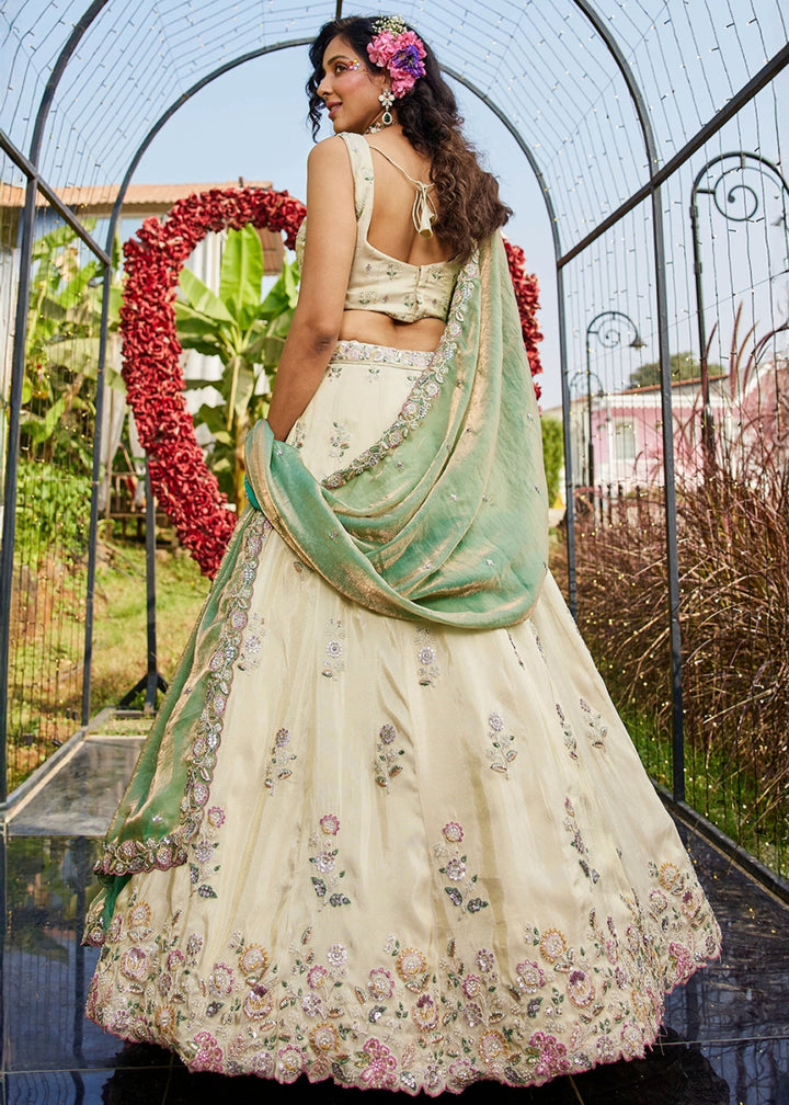 White & Green Tissue Lehenga Choli with Floral Sequin Detailing - House of Sarvati LLC