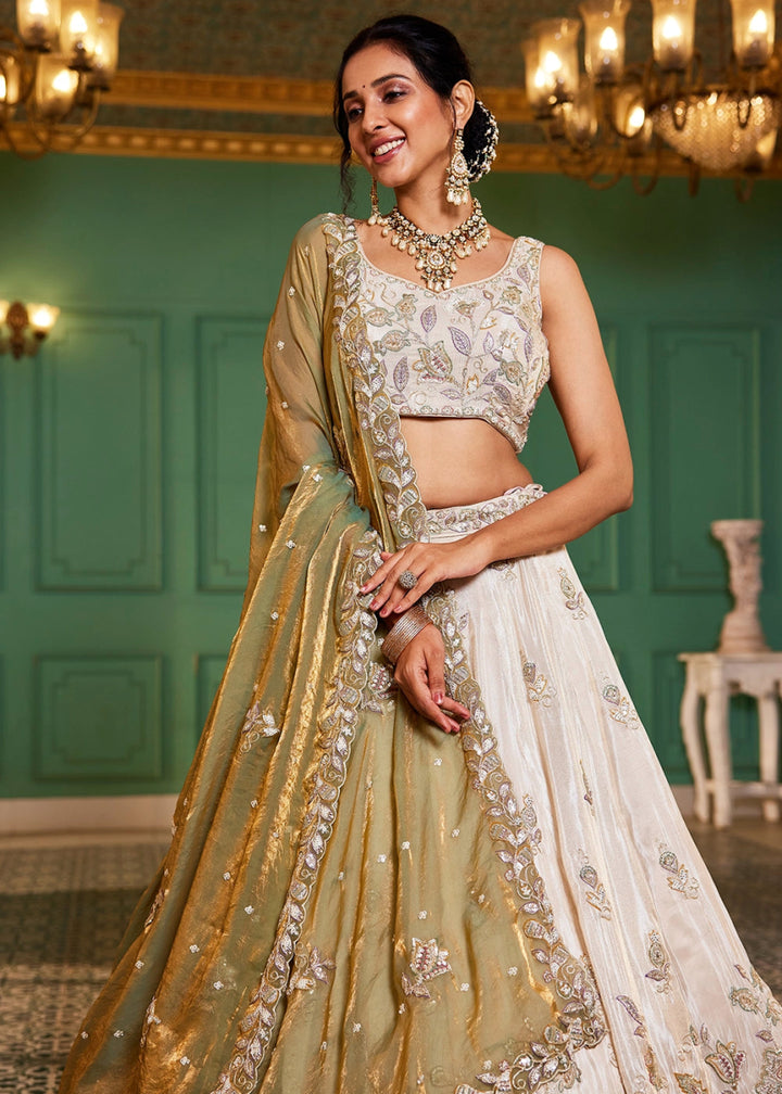 White & Green Tissue Lehenga Choli with Floral Sequin Detailing - House of Sarvati LLC