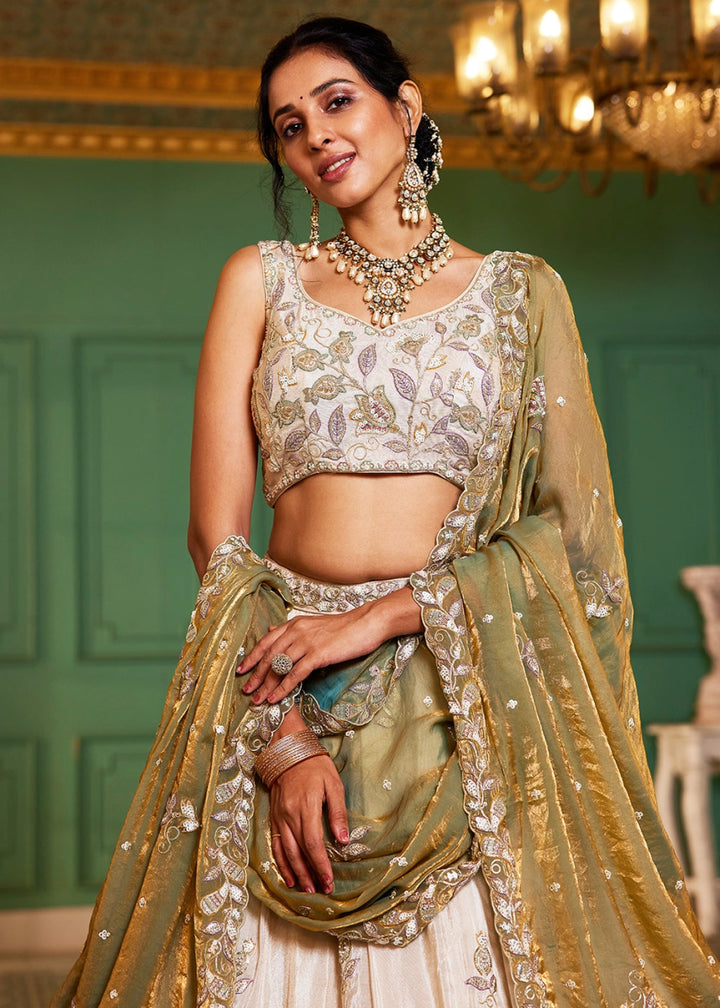 White & Green Tissue Lehenga Choli with Floral Sequin Detailing - House of Sarvati LLC