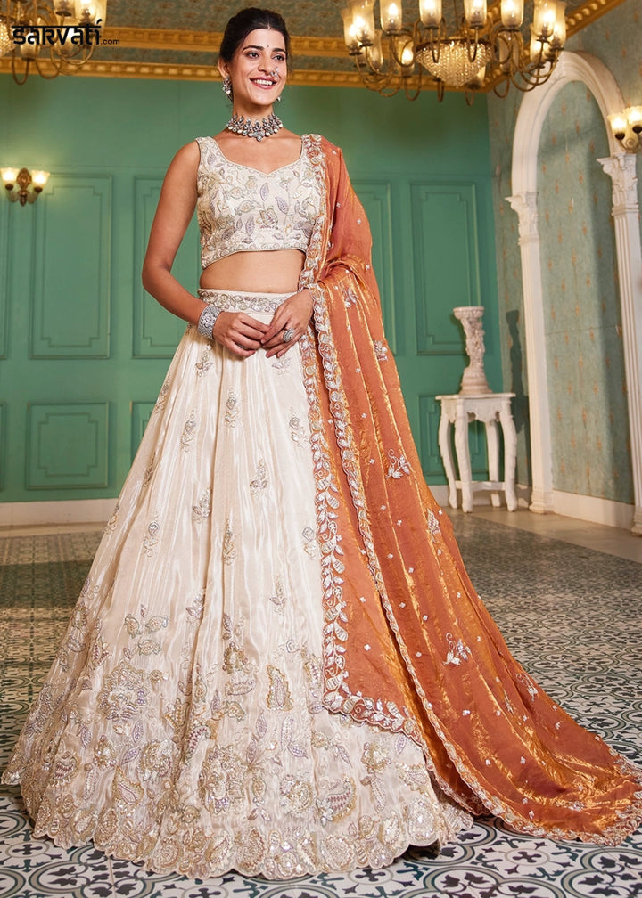 White & Orange Tissue Lehenga Choli with Floral Sequin Detailing - House of Sarvati LLC