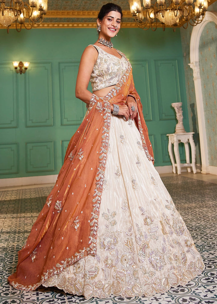White & Orange Tissue Lehenga Choli with Floral Sequin Detailing - House of Sarvati LLC