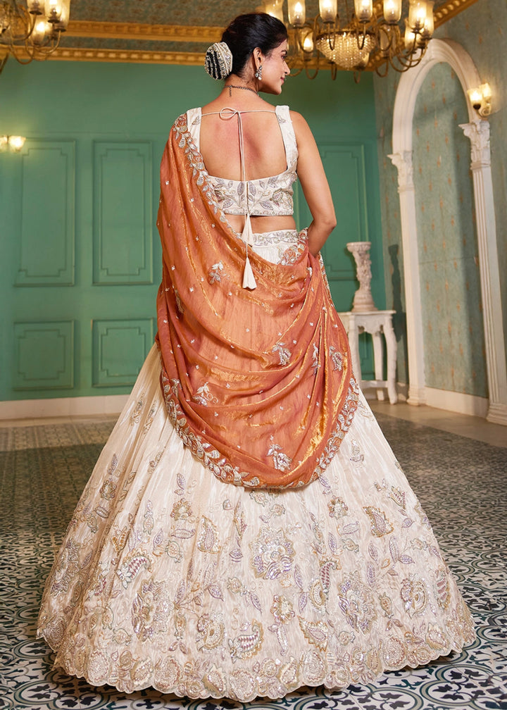 White & Orange Tissue Lehenga Choli with Floral Sequin Detailing - House of Sarvati LLC