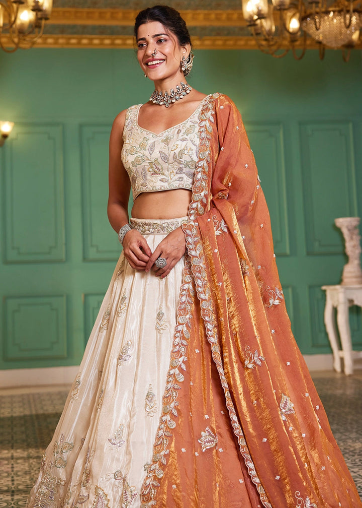 White & Orange Tissue Lehenga Choli with Floral Sequin Detailing - House of Sarvati LLC