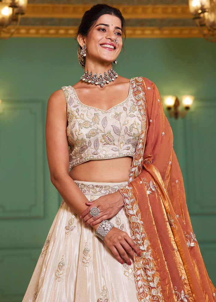 White & Orange Tissue Lehenga Choli with Floral Sequin Detailing - House of Sarvati LLC