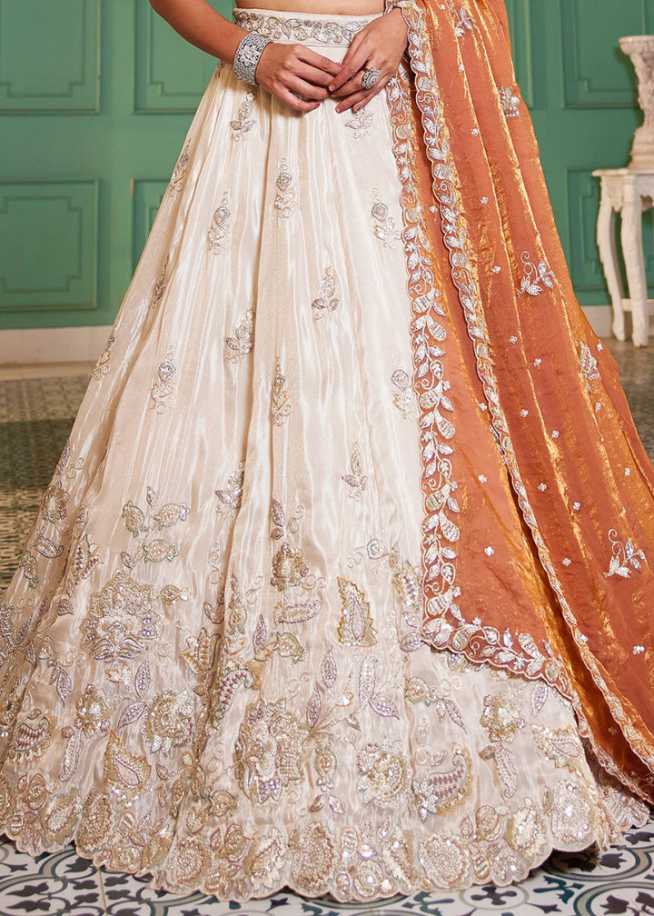 White & Orange Tissue Lehenga Choli with Floral Sequin Detailing - House of Sarvati LLC