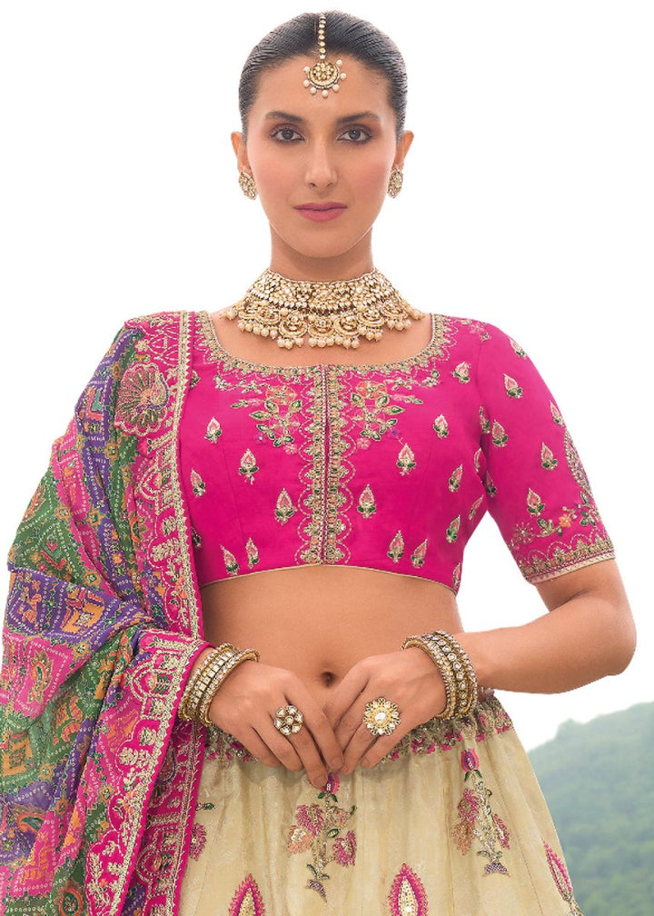 White & Pink Banarasi Silk Lehenga with Heavy Khatli & Embroidery Work - House of Sarvati LLC