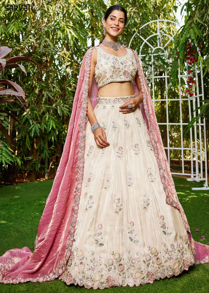 White & Pink Tissue Lehenga Choli with Floral Sequin Detailing - House of Sarvati LLC