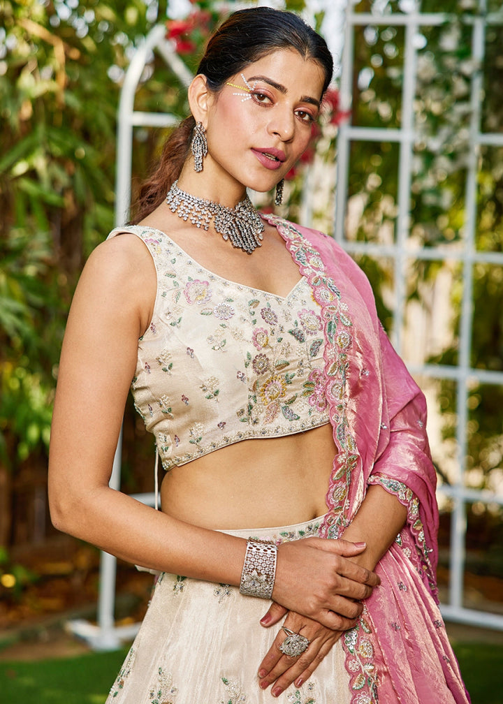 White & Pink Tissue Lehenga Choli with Floral Sequin Detailing - House of Sarvati LLC