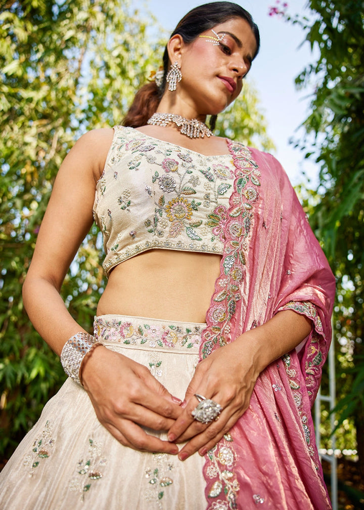 White & Pink Tissue Lehenga Choli with Floral Sequin Detailing - House of Sarvati LLC