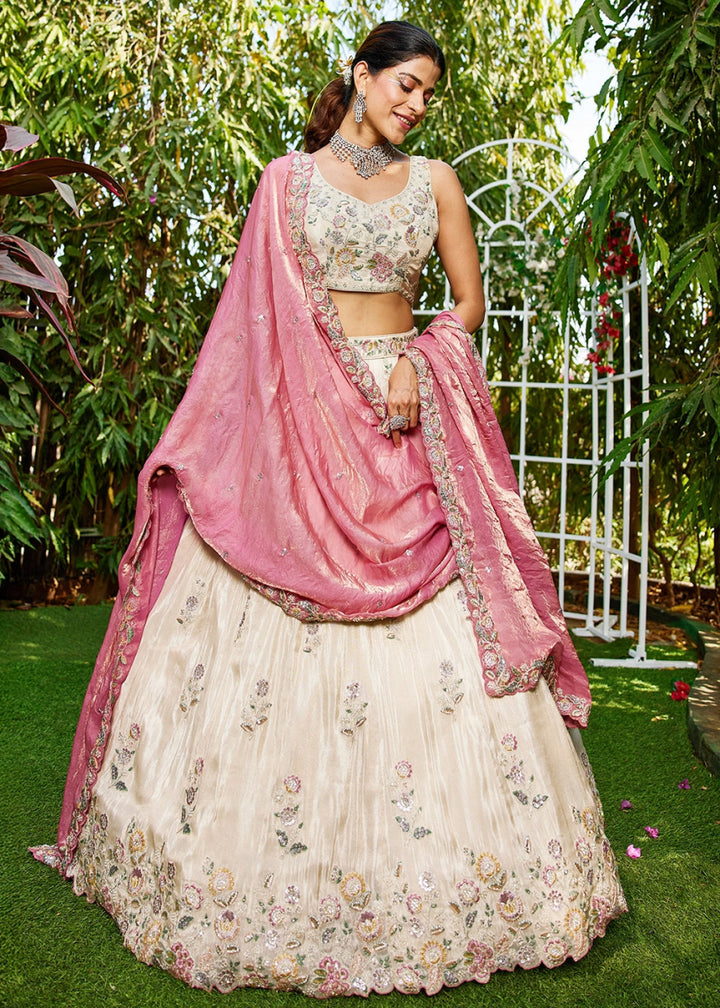 White & Pink Tissue Lehenga Choli with Floral Sequin Detailing - House of Sarvati LLC