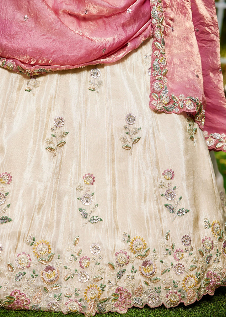 White & Pink Tissue Lehenga Choli with Floral Sequin Detailing - House of Sarvati LLC