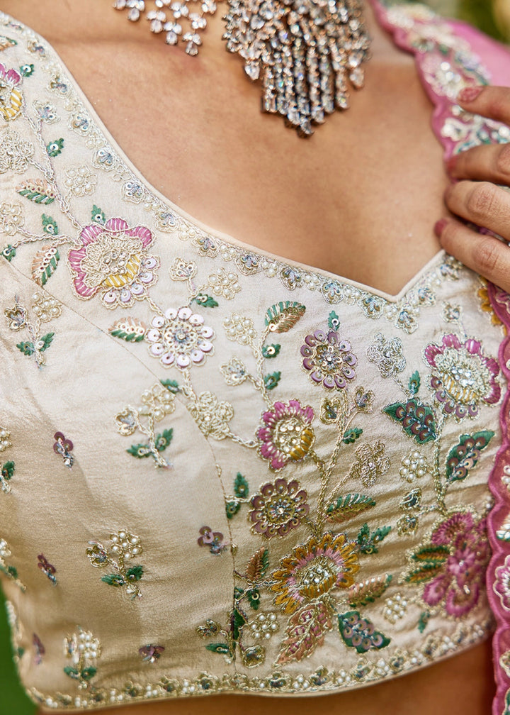 White & Pink Tissue Lehenga Choli with Floral Sequin Detailing - House of Sarvati LLC