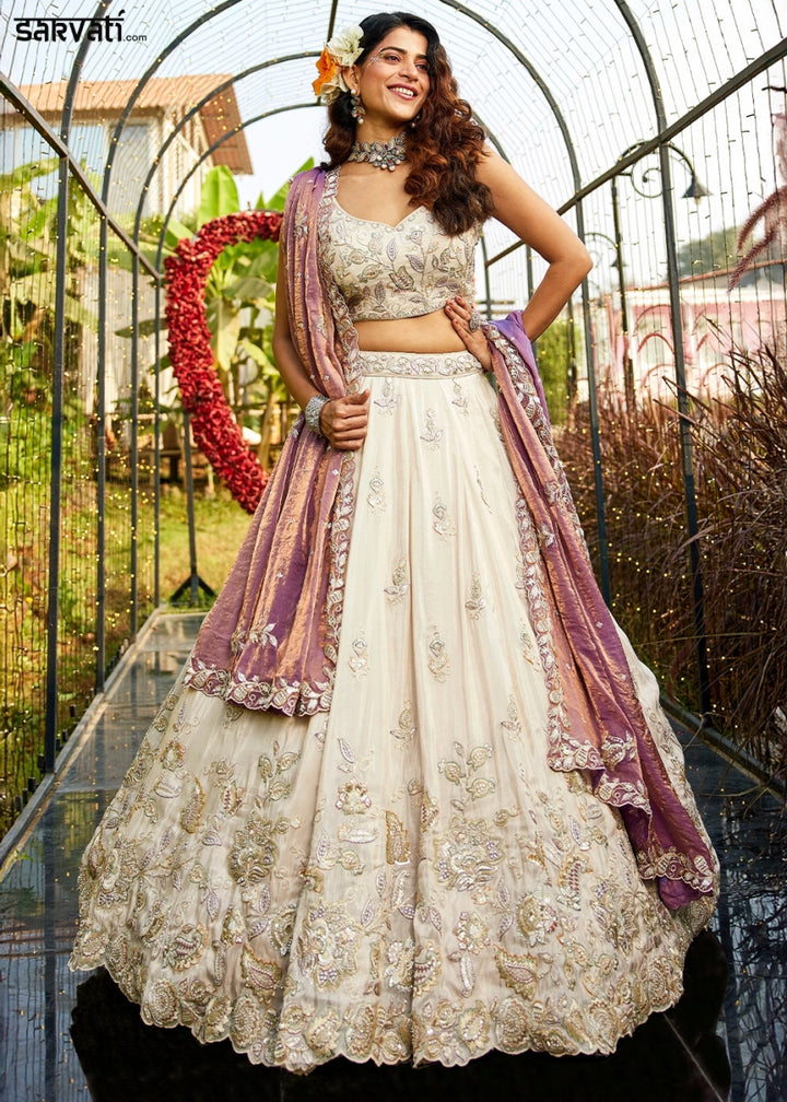 White & Purple Tissue Lehenga Choli with Floral Sequin Detailing - House of Sarvati LLC