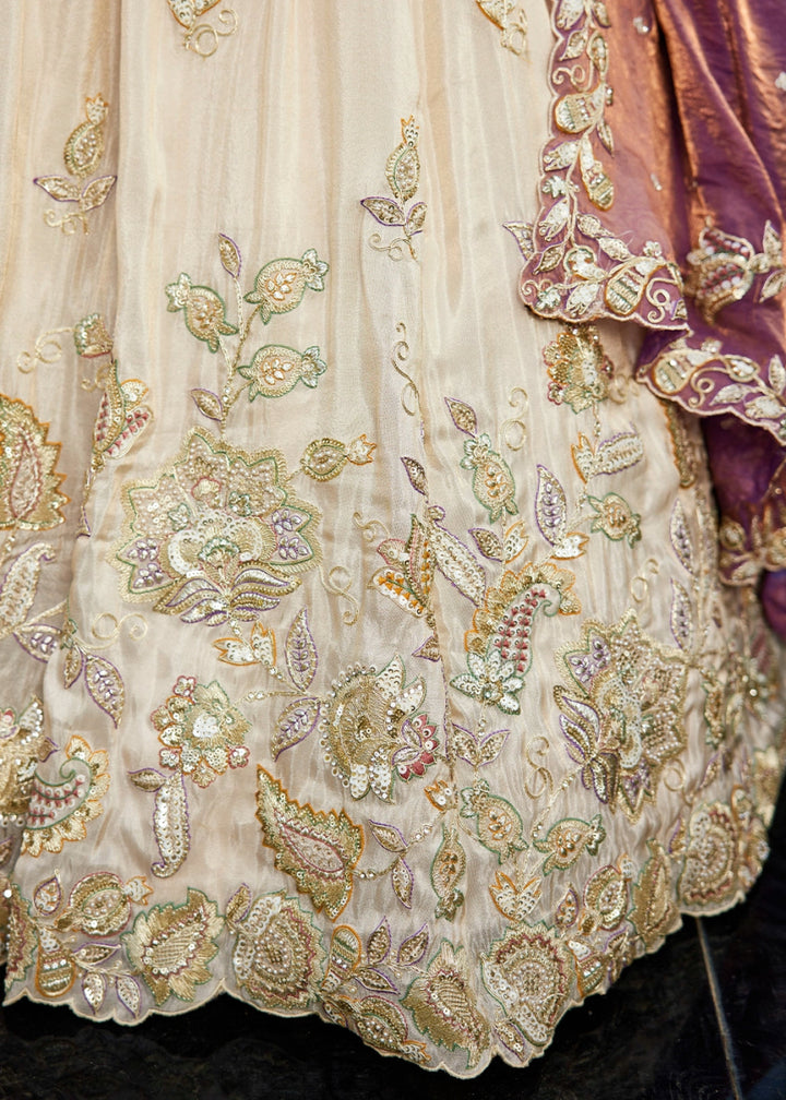 White & Purple Tissue Lehenga Choli with Floral Sequin Detailing - House of Sarvati LLC