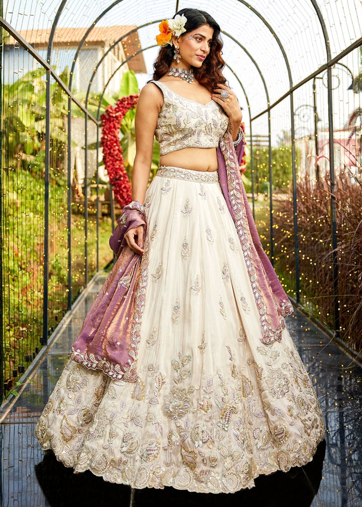 White & Purple Tissue Lehenga Choli with Floral Sequin Detailing - House of Sarvati LLC
