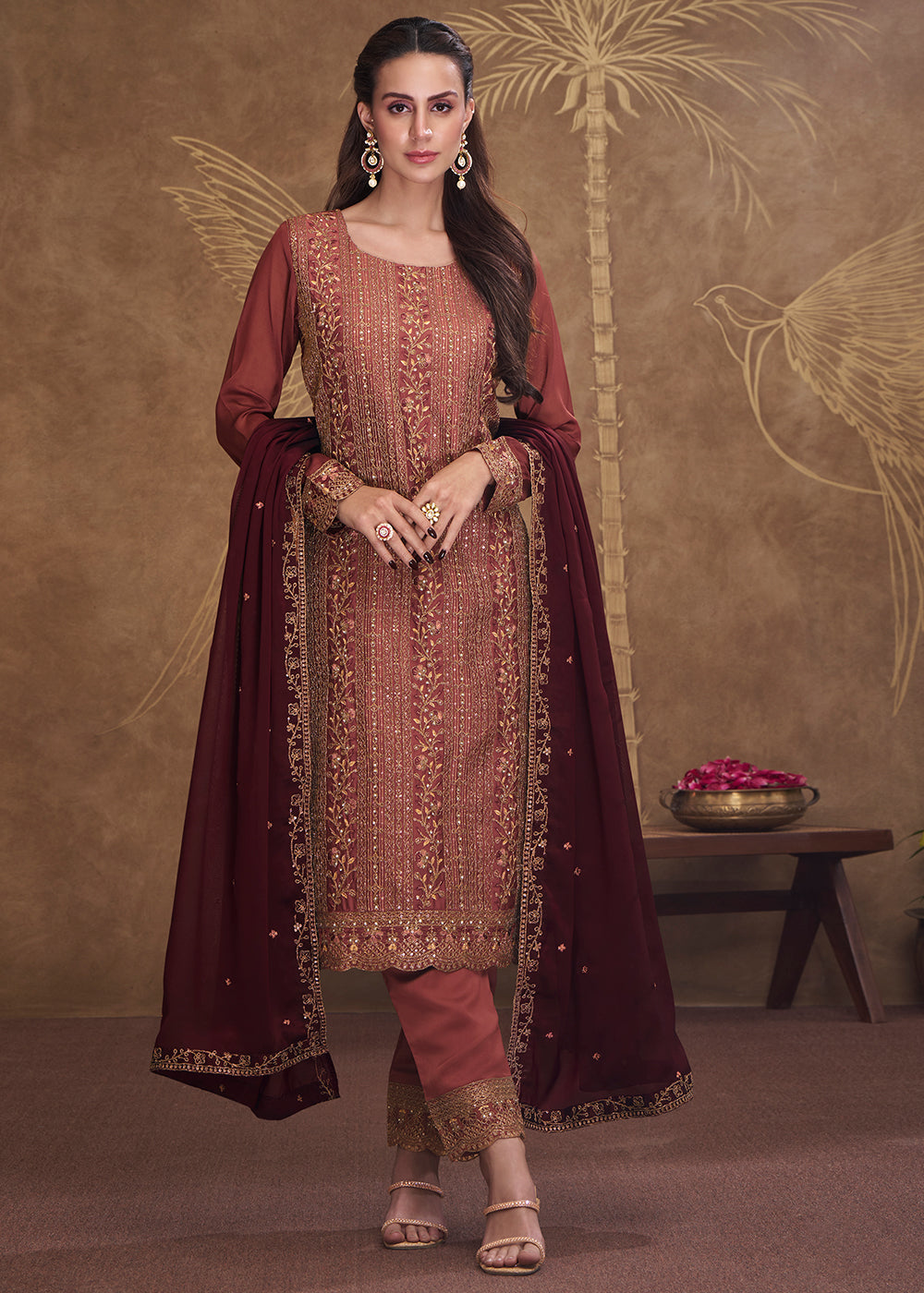 Shades Of Brown Silk Embroidered Salwar Suit