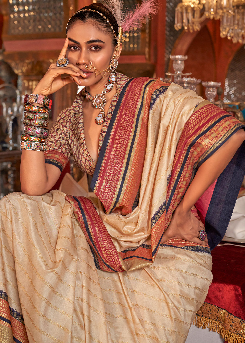 Beige Brown Silk Saree with Patola Blouse