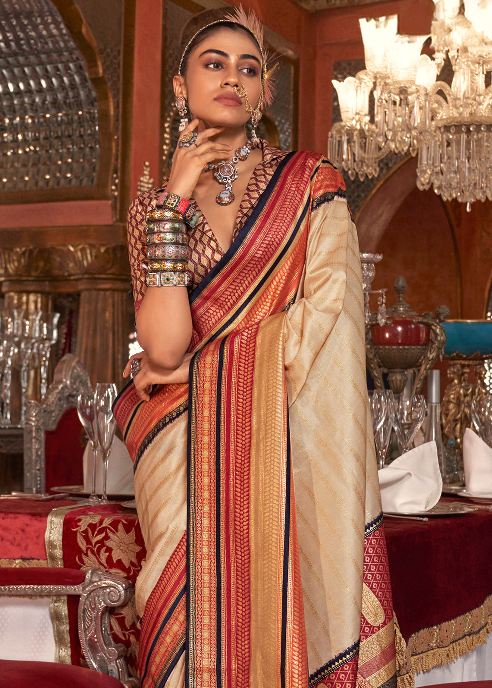 Beige Brown Silk Saree with Patola Blouse