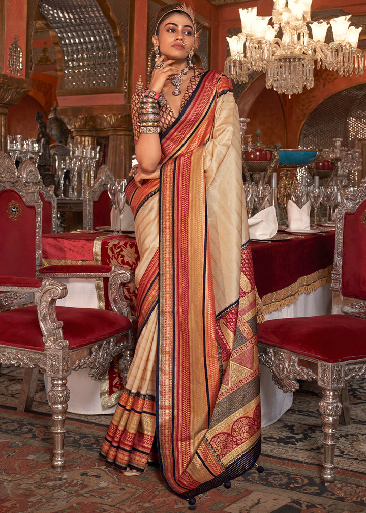 Beige Brown Silk Saree with Patola Blouse