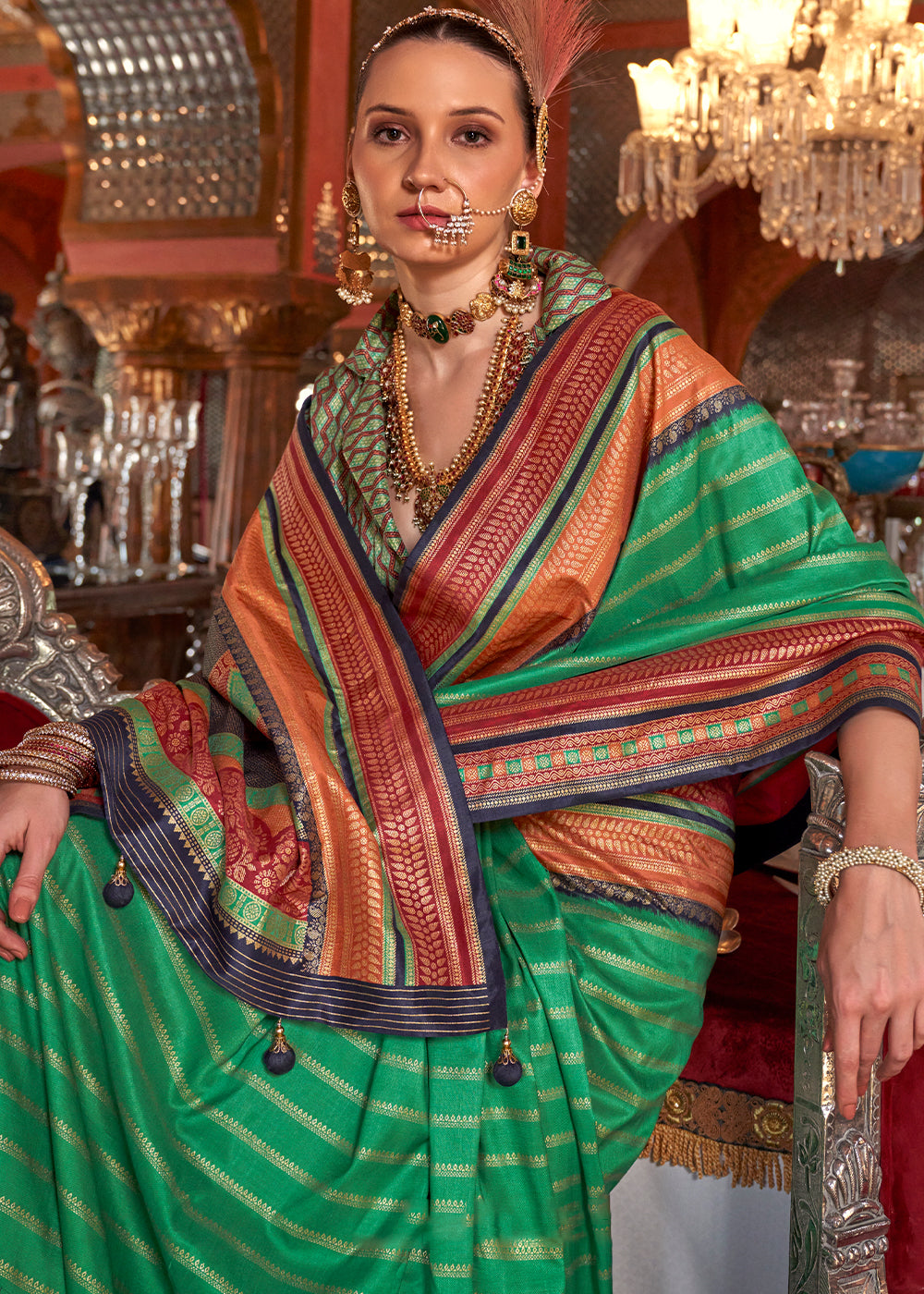 Jade Green Silk Saree with Patola Blouse