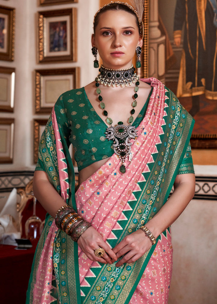 Pink & Green Silk Saree with Patola Prints