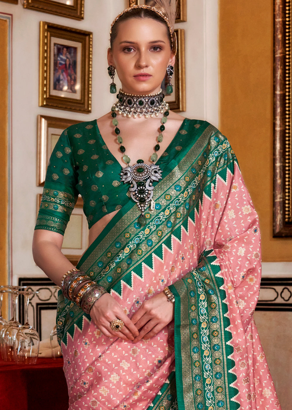 Pink & Green Silk Saree with Patola Prints