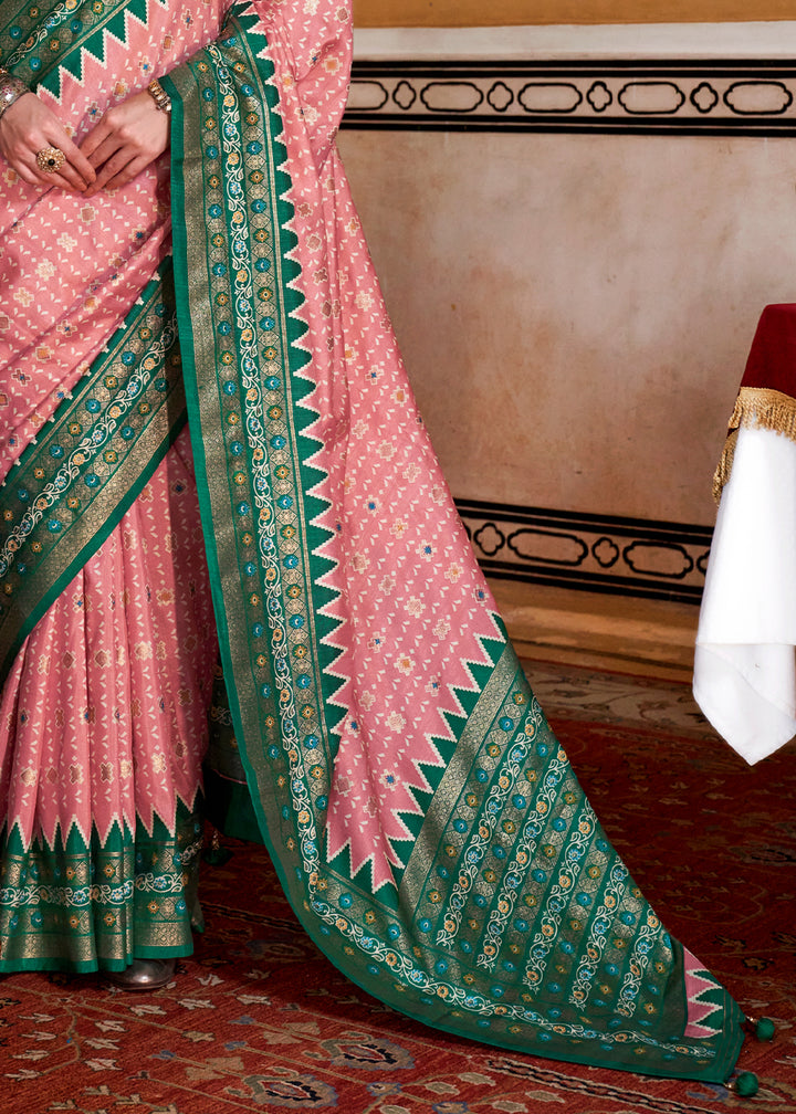 Pink & Green Silk Saree with Patola Prints