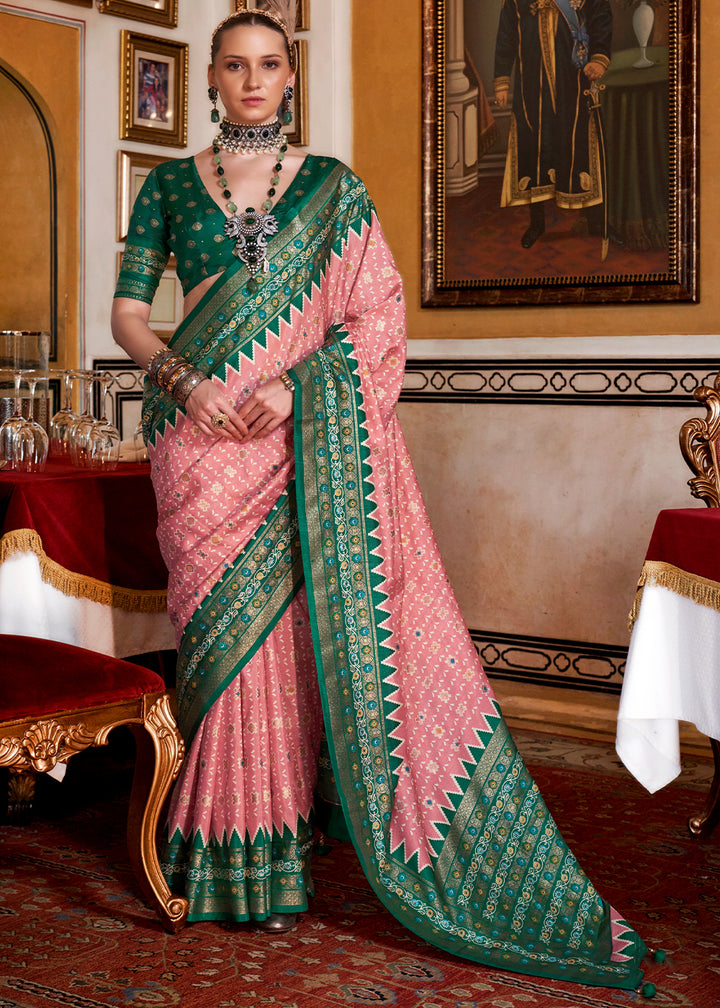 Pink & Green Silk Saree with Patola Prints