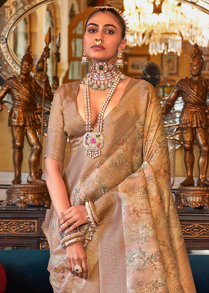 Brown & White Tussar Silk Saree Adorned with Digital Prints and Zari Border