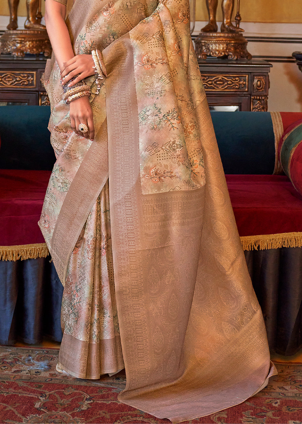 Brown & White Tussar Silk Saree Adorned with Digital Prints and Zari Border