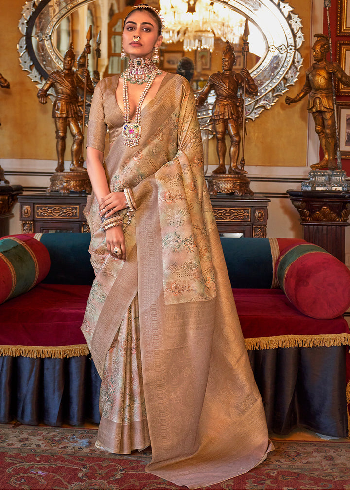 Brown & White Tussar Silk Saree Adorned with Digital Prints and Zari Border