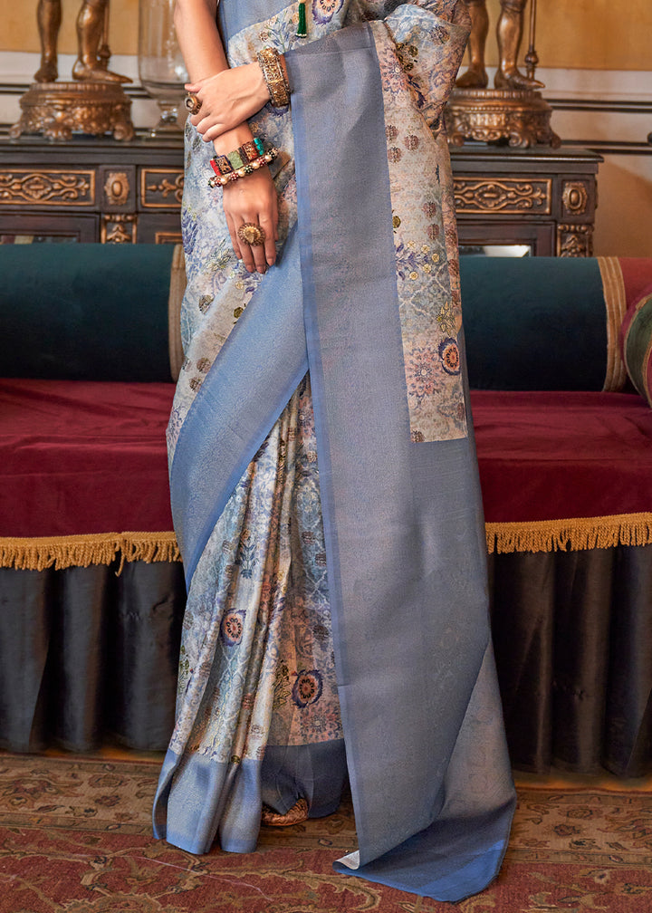 Shades Of Blue Tussar Silk Saree Adorned with Digital Prints and Zari Border