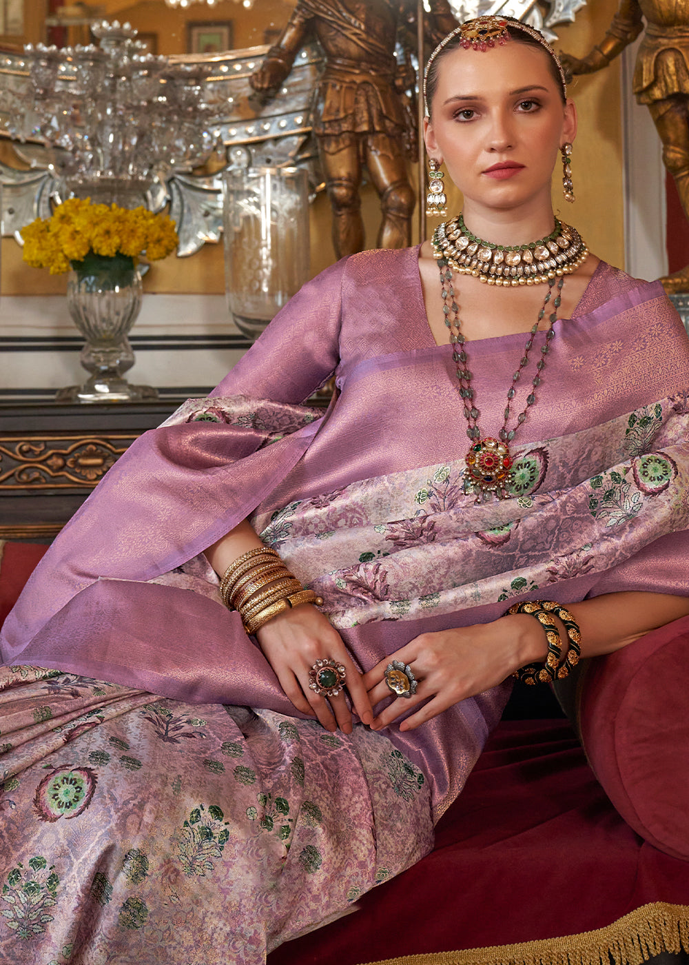 Lilac Purple Tussar Silk Saree Adorned with Digital Prints and Zari Border