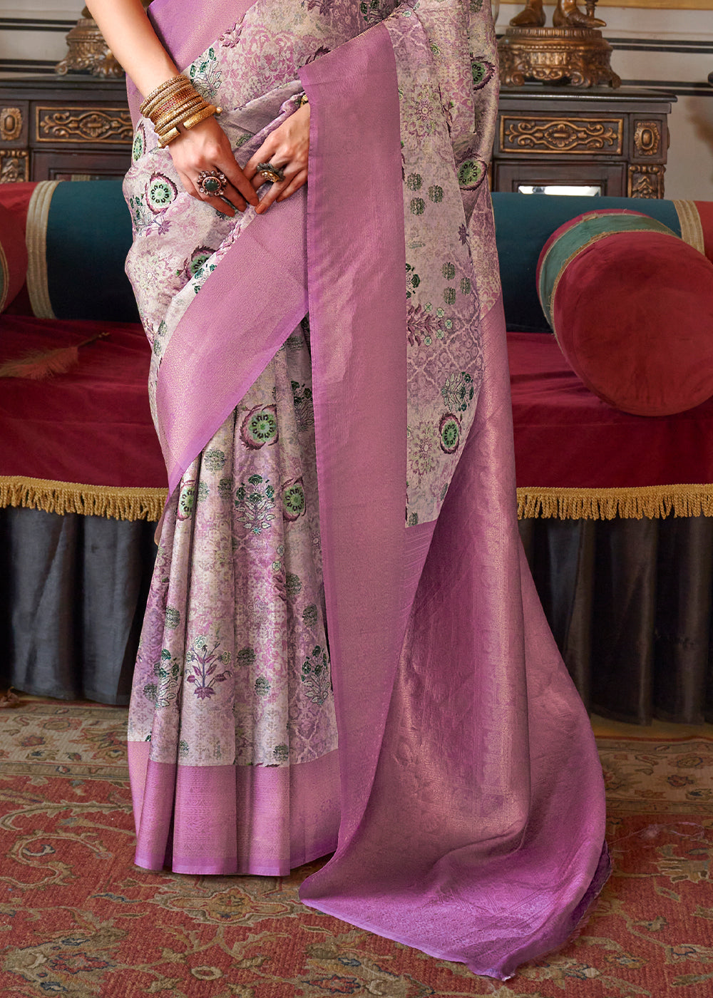 Lilac Purple Tussar Silk Saree Adorned with Digital Prints and Zari Border