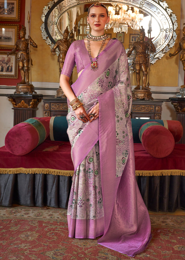 Lilac Purple Tussar Silk Saree Adorned with Digital Prints and Zari Border