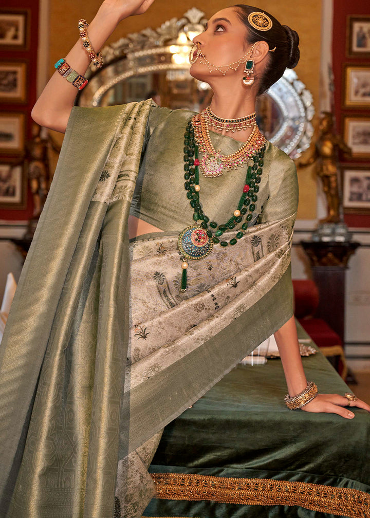 Sage Green & White Tussar Silk Saree Adorned with Digital Prints and Zari Border