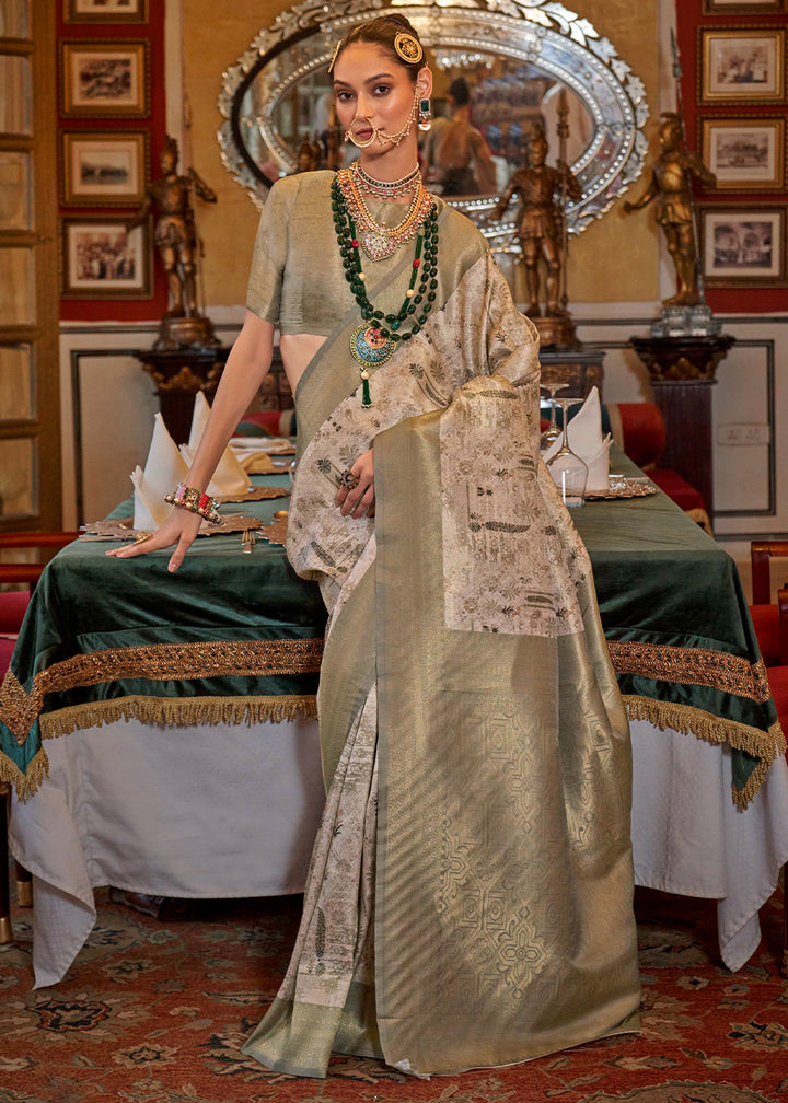 Sage Green & White Tussar Silk Saree Adorned with Digital Prints and Zari Border